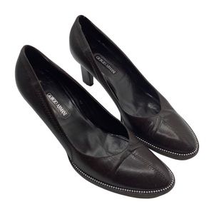 Giorgio Armani Dark Brown Almond Toe Leather Pumps Designer Mid Heel Shoes 36.5